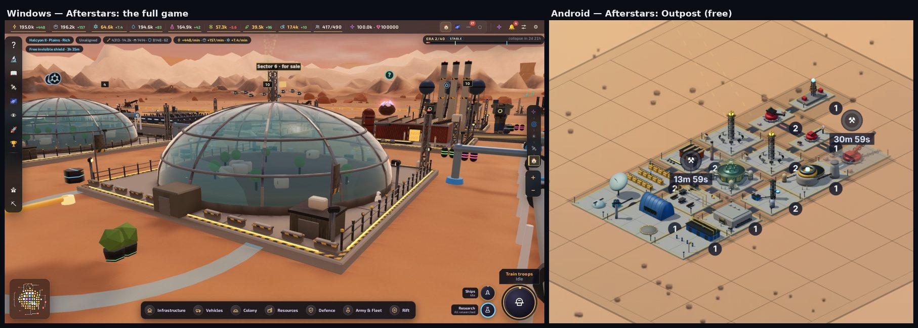 The full game on Windows beside Afterstars: Outpost on Android